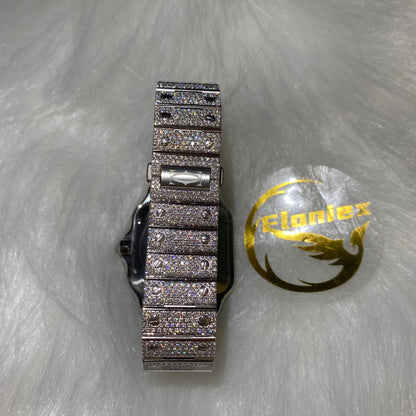 CARTIER SANTOS MOISSANITE WATCH WITH BLUE SUNBURST DIAL – DIAMOND ROMAN NUMERAL EDITION