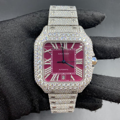 CARTIER SANTOS MOISSANITE WATCH WITH BORDEAUX DIAL – DIAMOND ROMAN NUMERAL EDITION