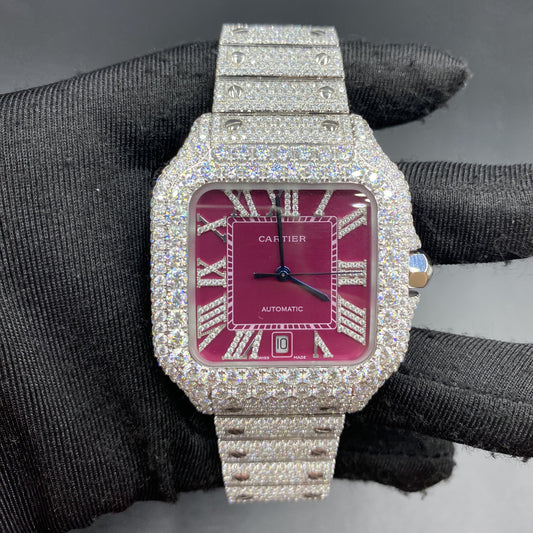 CARTIER SANTOS MOISSANITE WATCH WITH BORDEAUX DIAL – DIAMOND ROMAN NUMERAL EDITION