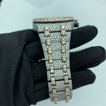 AUDEMARS PIGUET ROYAL OAK MOISSANITE WATCH WITH RED ARABIC DIAL – FULL ICED ROSE GOLD DETAIL EDITION