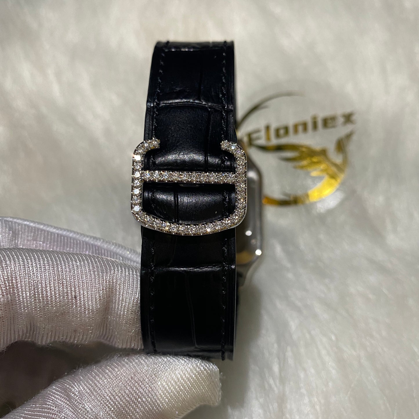 CARTIER SANTOS MOISSANITE WATCH WITH BLUE ROMAN DIAL – BLACK LEATHER STRAP EDITION
