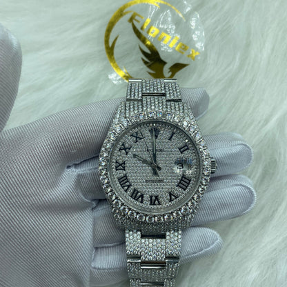 ROLEX DATEJUST MOISSANITE WATCH WITH BLACK ROMAN NUMERAL DIAL – FULL SILVER ICED OUT EDITION