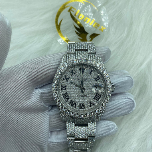 ROLEX DATEJUST MOISSANITE WATCH WITH BLACK ROMAN NUMERAL DIAL – FULL SILVER ICED OUT EDITION