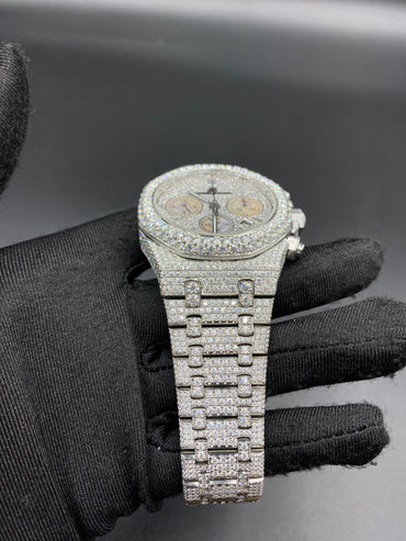 AUDEMARS PIGUET ROYAL OAK MOISSANITE WATCH WITH SILVER STICK DIAL – FULL ICED