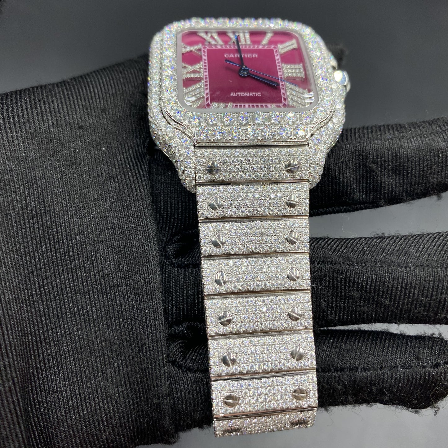 CARTIER SANTOS MOISSANITE WATCH WITH BORDEAUX DIAL – DIAMOND ROMAN NUMERAL EDITION