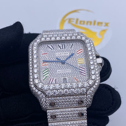 CARTIER SANTOS MOISSANITE WATCH WITH MULTICOLOR ROMAN NUMERAL DIAL – FULL ICED OUT