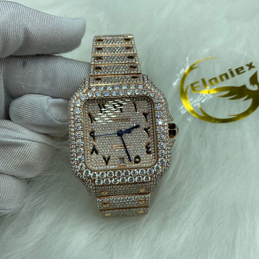 CARTIER SANTOS MOISSANITE WATCH WITH ARABIC DIAL – ROSE GOLD FINISH EDITION