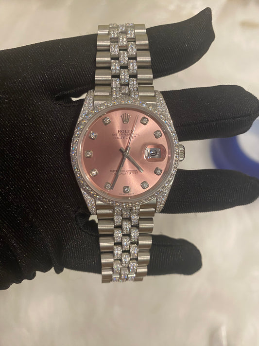 ROLEX DATEJUST MOISSANITE WATCH WITH PINK DIAL –  ICED BEZEL EDITION