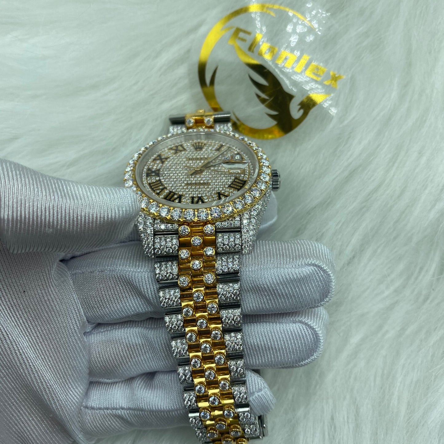 ROLEX DATEJUST MOISSANITE WATCH WITH ROMAN DIAL – TWO-TONE GOLD AND DIAMOND BEZEL EDITION