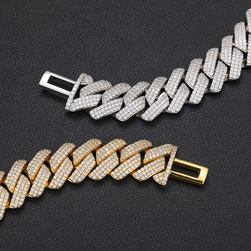 S925 3 ROWS MOISSANITE DIAMOND PRONG LINK CUBAN BRACELET - 19MM