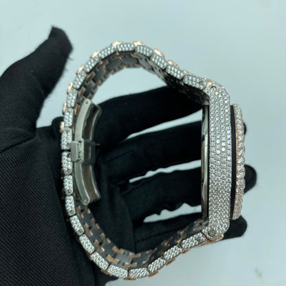 AUDEMARS PIGUET ROYAL OAK MOISSANITE WATCH WITH RED ARABIC DIAL – FULL ICED ROSE GOLD DETAIL EDITION