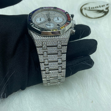 AUDEMARS PIGUET ROYAL OAK MOISSANITE WATCH WITH RAINBOW BEZEL – FULL ICED