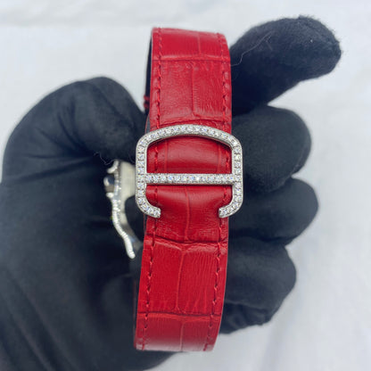 CARTIER SANTOS MOISSANITE WATCH WITH ROMAN NUMERAL DIAL – RED LEATHER STRAP EDITION