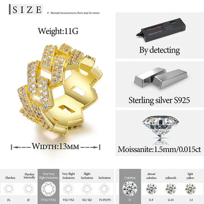 S925 Moissanite Diamond Prong Cuban Ring