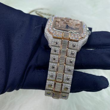 CARTIER SANTOS MOISSANITE WATCH WITH ROMAN NUMERAL DIAL – TWO-TONE ROSE FINISH
