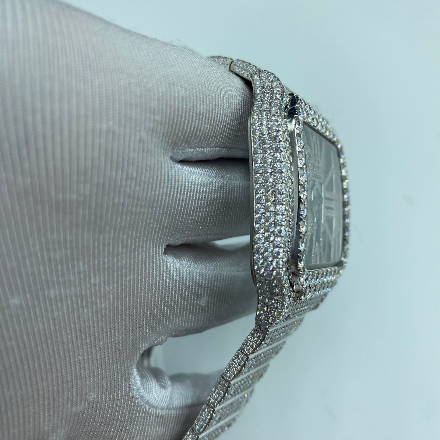 CARTIER SANTOS MOISSANITE WATCH WITH SKELETON DIAL – FULLY ICED OUT FINISH