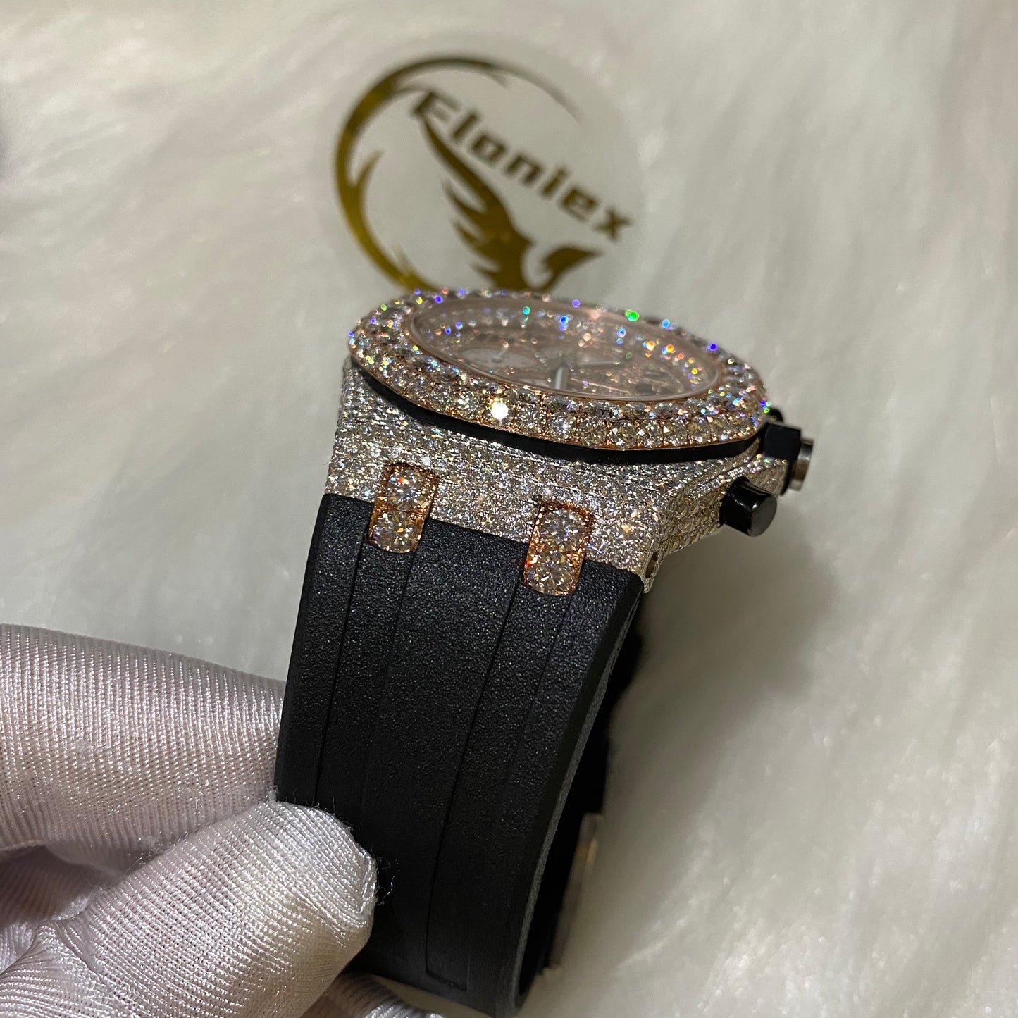 AUDEMARS PIGUET ROYAL OAK MOISSANITE – ROSE GOLD ARABIC DIAL WITH BLACK STRAP