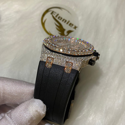 AUDEMARS PIGUET ROYAL OAK MOISSANITE – ROSE GOLD ARABIC DIAL WITH BLACK STRAP