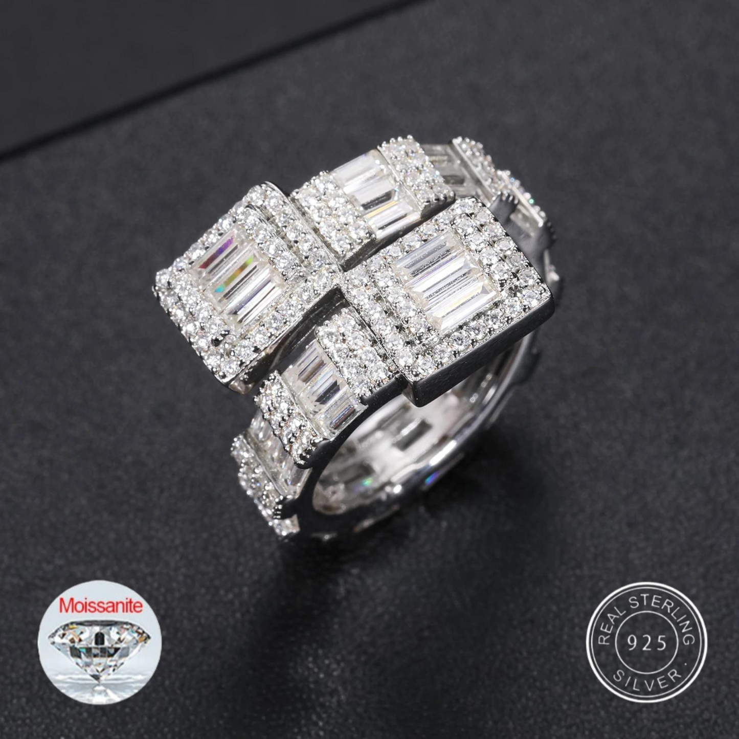 S925 Baguette Moissanite Overlapping Ring