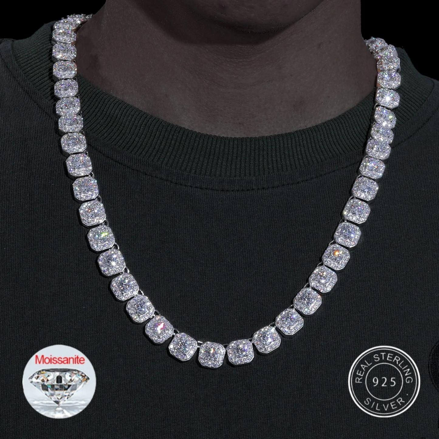 S925 Moissanite White Gold Clustered Tennis Necklace - 10mm