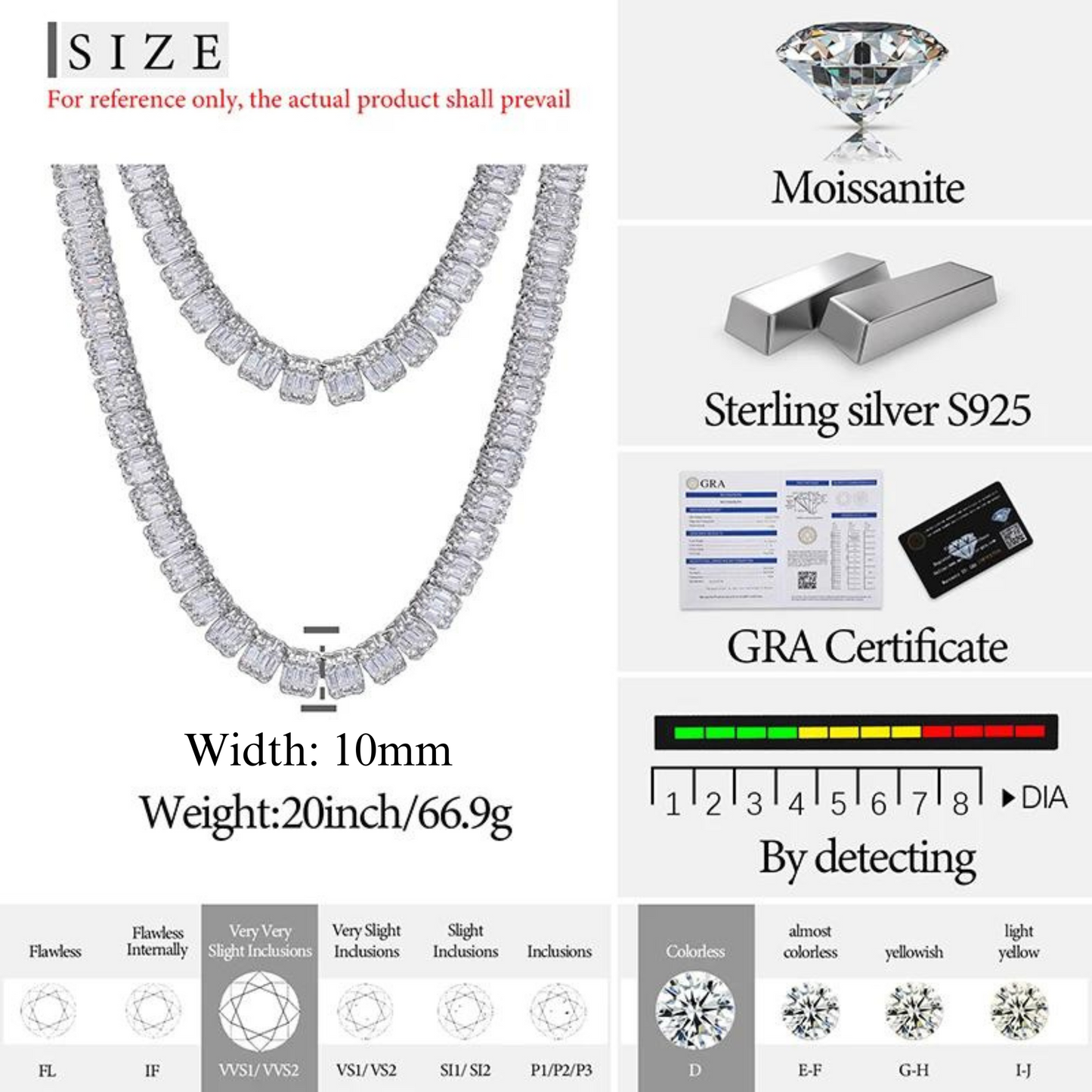 S925 Square Baguette Moissanite Diamond Tennis Necklace - 10mm