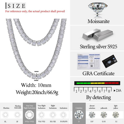 S925 Square Baguette Moissanite Diamond Tennis Necklace - 10mm
