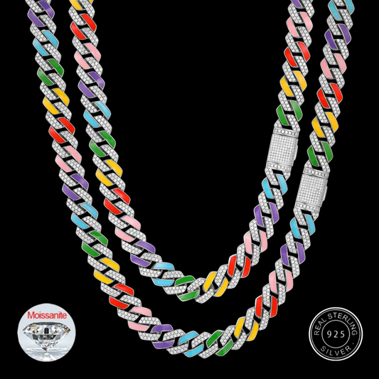 14mm Multi-Colored VVS Moissanite & S925 Cuban Prong Link Chain