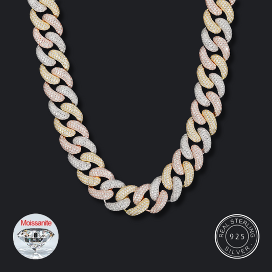 S925 Moissanite Tri-Color Cuban Link Chain Necklace - 20mm