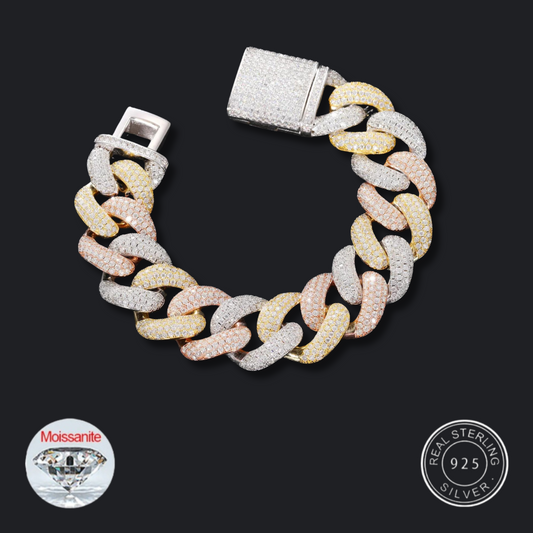 S925 Moissanite Tri-Color Cuban Link Chain Bracelet - 20mm
