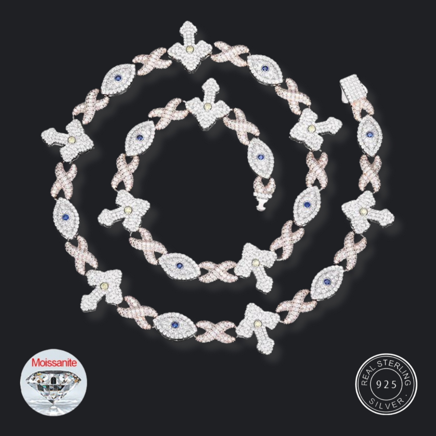 S925 Moissanite Devil Eye Cross Infinity Cuban Link Chain Bracelet or Necklace - 19.5mm