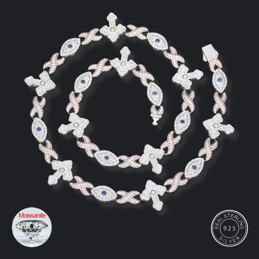 S925 Moissanite Devil Eye Cross Infinity Cuban Link Chain Bracelet or Necklace - 19.5mm