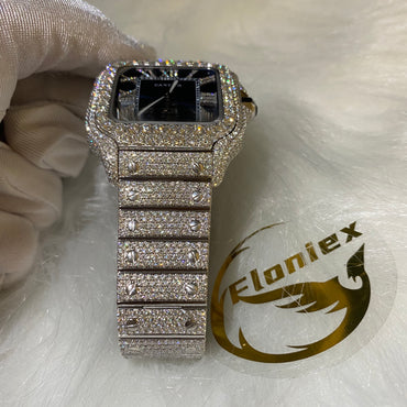 CARTIER SANTOS MOISSANITE WATCH WITH BLUE SUNBURST DIAL – DIAMOND ROMAN NUMERAL EDITION
