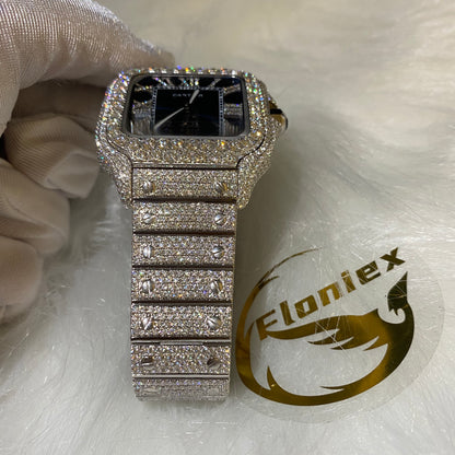CARTIER SANTOS MOISSANITE WATCH WITH BLUE SUNBURST DIAL – DIAMOND ROMAN NUMERAL EDITION