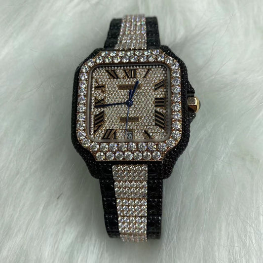 CARTIER SANTOS MOISSANITE WATCH WITH ROMAN NUMERAL DIAL – BLACK & SILVER TWO-TONE EDITION