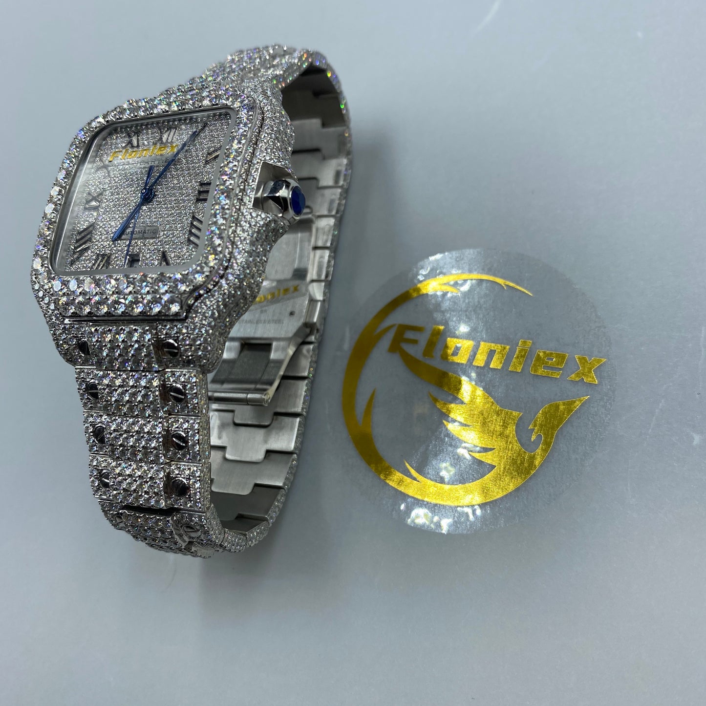 CARTIER SANTOS MOISSANITE WATCH WITH ROMAN NUMERAL DIAL – FULLY ICED OUT EDITION