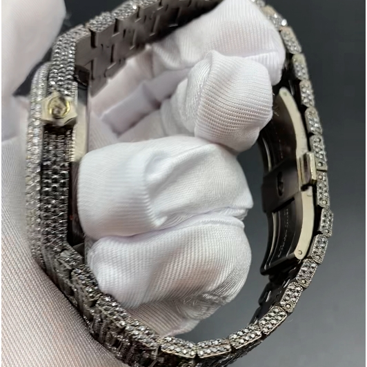 AUDEMARS PIGUET ROYAL OAK MOISSANITE WATCH WITH BLACK DIAL – FULL ICED TWO-TONE EDITION