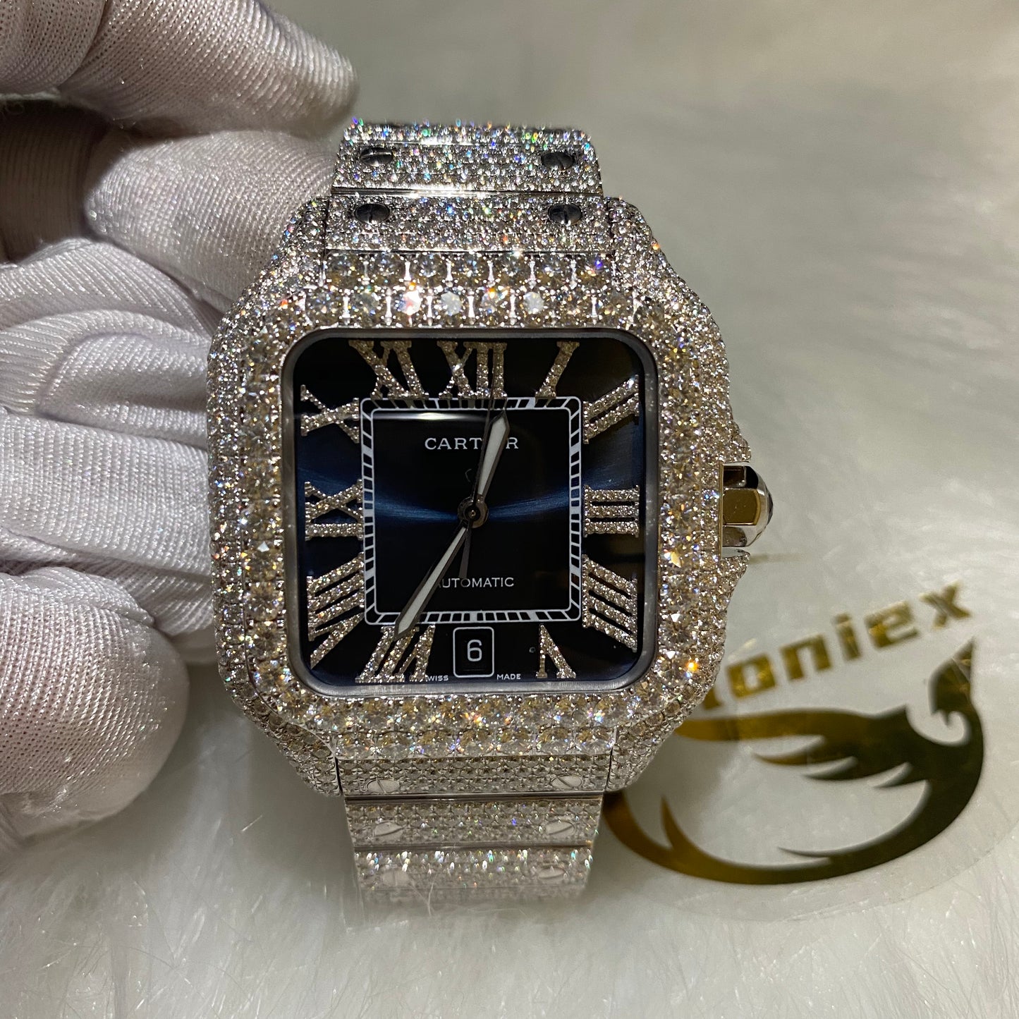 CARTIER SANTOS MOISSANITE WATCH WITH BLUE SUNBURST DIAL – DIAMOND ROMAN NUMERAL EDITION