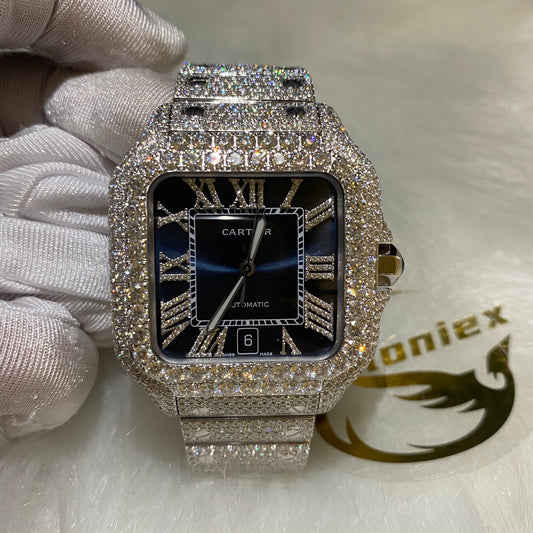 CARTIER SANTOS MOISSANITE WATCH WITH BLUE SUNBURST DIAL – DIAMOND ROMAN NUMERAL EDITION