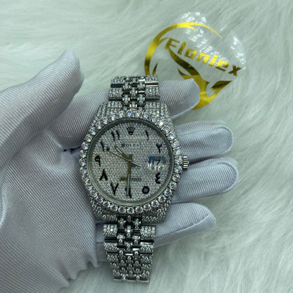 ROLEX DATEJUST MOISSANITE WATCH WITH ARABIC DIAL – FULL SILVER ICED OUT EDITION