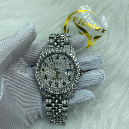 ROLEX DATEJUST MOISSANITE WATCH WITH ARABIC DIAL – FULL SILVER ICED OUT EDITION
