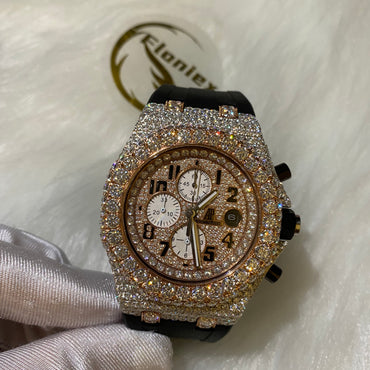AUDEMARS PIGUET ROYAL OAK MOISSANITE – ROSE GOLD ARABIC DIAL WITH BLACK STRAP