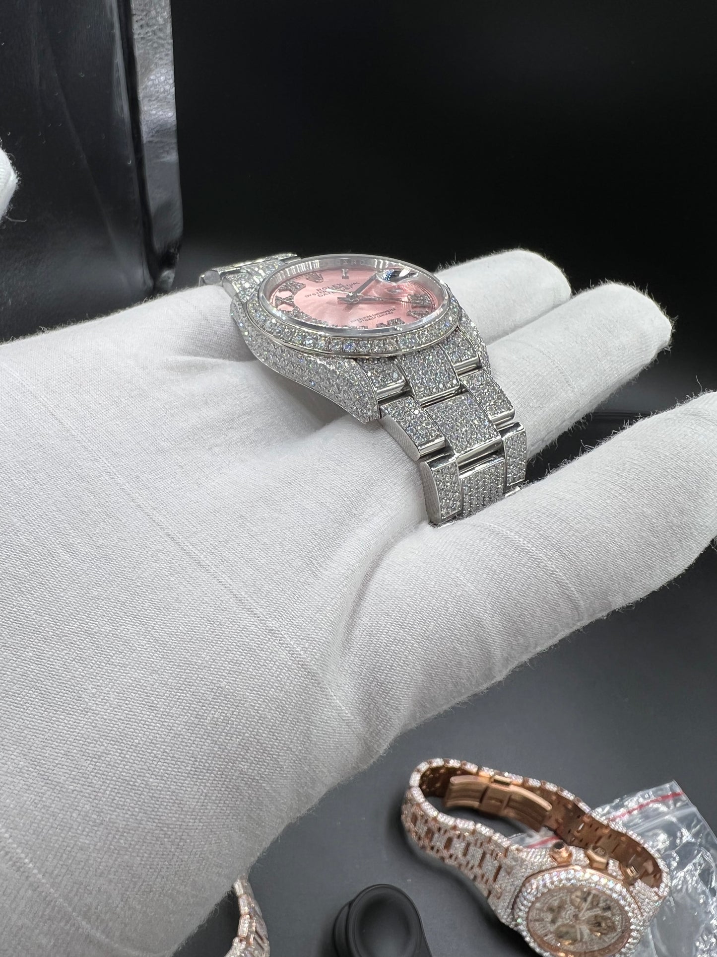 ROLEX DATEJUST MOISSANITE WATCH WITH PINK DIAL – DIAMOND ROMAN NUMERAL EDITION
