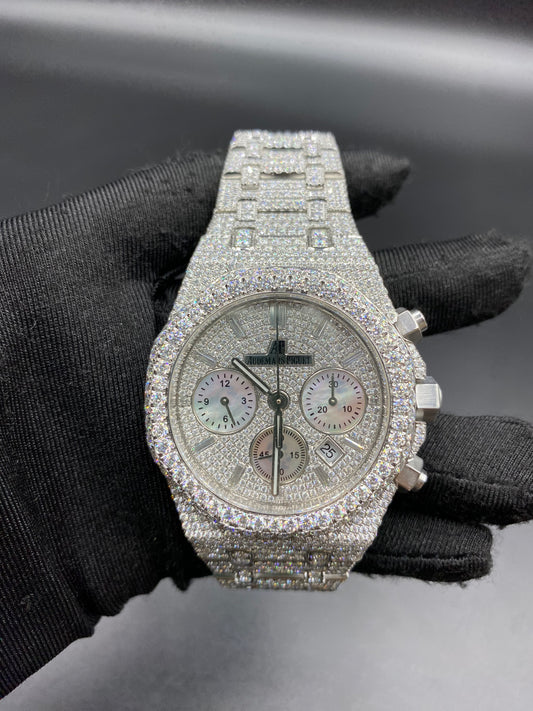 AUDEMARS PIGUET ROYAL OAK MOISSANITE WATCH WITH SILVER STICK DIAL – FULL ICED