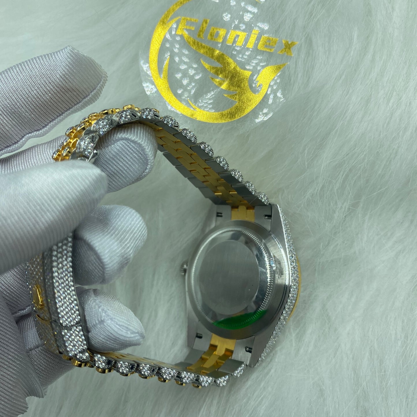 ROLEX DATEJUST MOISSANITE WATCH WITH ROMAN DIAL – TWO-TONE GOLD AND DIAMOND BEZEL EDITION