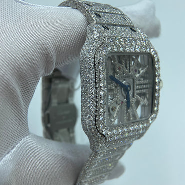 CARTIER SANTOS MOISSANITE WATCH WITH SKELETON DIAL – FULLY ICED OUT FINISH
