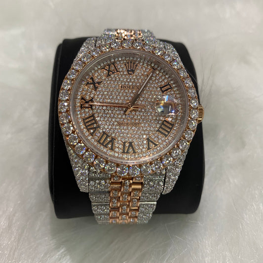 ROLEX DATEJUST MOISSANITE WATCH WITH ROSE GOLD ROMAN DIAL – TWO-TONE FULL ICED EDITION