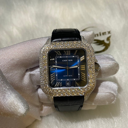 CARTIER SANTOS MOISSANITE WATCH WITH BLUE ROMAN DIAL – BLACK LEATHER STRAP EDITION