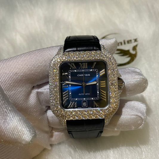 CARTIER SANTOS MOISSANITE WATCH WITH BLUE ROMAN DIAL – BLACK LEATHER STRAP EDITION