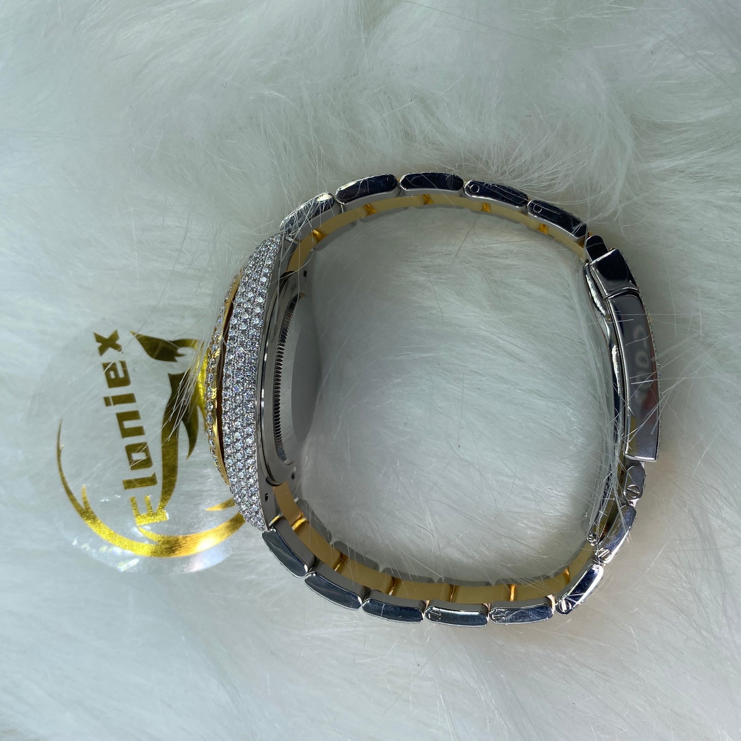 ROLEX DATEJUST MOISSANITE WATCH WITH ARABIC DIAL – TWO-TONE FULL ICED YELLOW GOLD EDITION