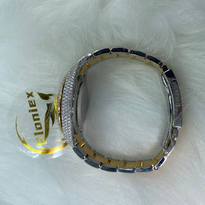 ROLEX DATEJUST MOISSANITE WATCH WITH ARABIC DIAL – TWO-TONE FULL ICED YELLOW GOLD EDITION